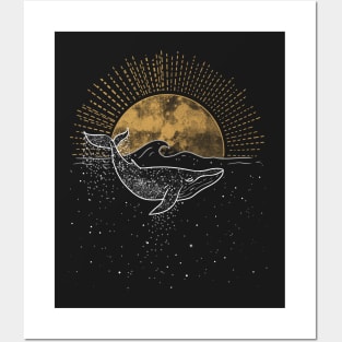 Whale in sea of stars with Sun Posters and Art